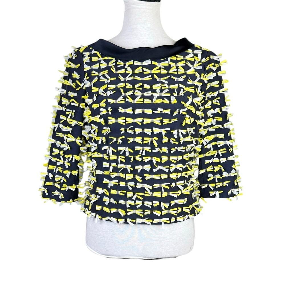 Worth New York Navy Faille Fringe Bright Yellow V-back Tailored Evening Top